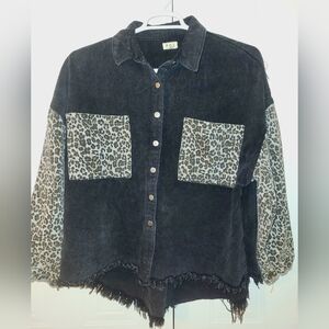 POL Oversized Black Denim Jacket With Leopard Print Detailing Size M